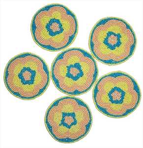Handmade Embroidered Floral Coasters-Knitted Polyester/Cotton-Eco-Friendly Customizable Set of 6 in Yellow Green & Peach - Product Image 4