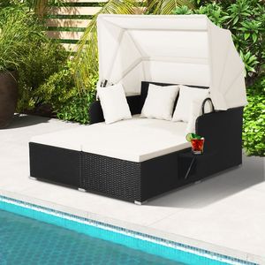 Lit de repos en rotin pour patio avec auvent rétractable et tables d'appoint - Product Image 3