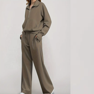 Femmes décontracté couleur unie demi-fermeture éclair haut et pantalon ensemble à manches longues coupe ample à capuche et pantalon 100% coton tissu éponge été - Product Image 1
