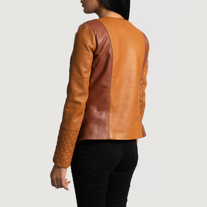 Women's Brown Genuine Leather Asymmetric Motorcycle Jacket Full Sleeve <b>Quilted</b> Double Breasted Autumn Style Regular Fit - Product Image 3
