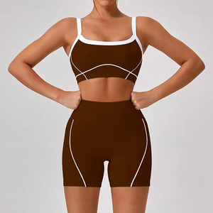 Conjunto Deportivo de 2 Piezas para Mujer, Encaje, Color Sólido, Tejido de Punto, Spandex, Algodón, Pantalones Cortos de Cintura Alta, Rayas Blancas, Transpirable, Estilo Deportivo, Primavera - Product Image 3
