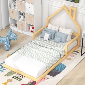 Letto in Legno Naturale a Forma di Casa con Testiera per Cameretta Bambini, Misura Singola - Product Image 2