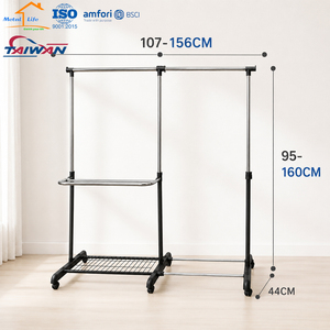<b>Adjustable</b> Double Rail Rolling Clothes Garment Rack Heavy Duty Metal Drying Stand with Storage <b>Shelf</b> - Product Image 2