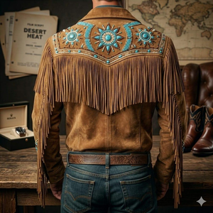 Handmade <b>Men</b>’s Western Leather <b>Suede</b> Fringe <b>Jacket</b> Cowboy Style Turn down Collar Autumn Wear Bulk Supplier - Product Image 2