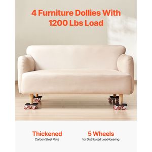 Carrello per Mobili Resistente in Acciaio al Carbonio con 5 Ruote Girevoli a 360 Gradi, Carico Massimo 1200 Libbre, con Barre di Sollevamento - Product Image 2