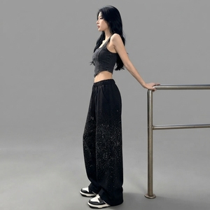 Pantalon Harem Noir à Paillettes Imprimées pour Femme, Taille Haute, Coupe Ample, Cordon de Serrage, Longueur Intégrale, Style Streetwear - Product Image 2