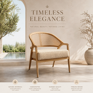 Fauteuil de salle à manger en teck massif naturel, dossier en rotin, assise rembourrée, design scandinave contemporain, écologique, pour la maison, le bureau, le parc - Product Image 1