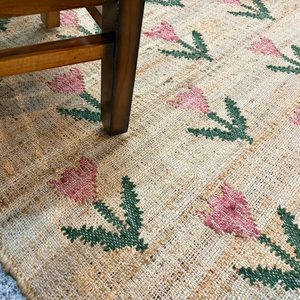Handmade Jute Kilim <b>Rug</b> with Floral Pattern | Natural Fiber Low Pile Thin <b>Boho</b> Area <b>Rug</b> | Eco-Friendly Rustic Home Decor - Product Image 2