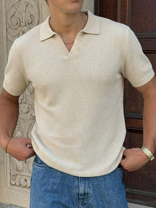 Chemise en tricot gaufré de couleur unie pour hommes, manches courtes, haut décontracté, fin - Product Image 6