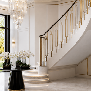Barandilla de escalera curva de lujo en oro con balaustres geométricos y pasamanos oscuros para diseño interior de vestíbulo de villa moderna - Product Image 1