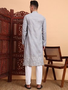 <b>Men</b> Cotton <b>Kurta</b> Embroidered Design Regular Fit Ankle-Length Traditional Indian Pakistani Casual Wear - Product Image 4
