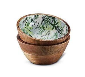 Juego de 2 tazones de madera de mango esmaltados con diseño de hojas verdes, tazones rústicos hechos a mano para servir ensalada y mezclar. - Product Image 1
