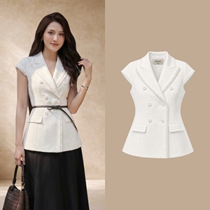 Chaleco Blazer Elegante de Tweed Blanco para Mujer, Doble Botonadura, Manga Casquillo, Oficina, Negocios, Diseño Personalizado ODM OEM ELENA - Product Image 1