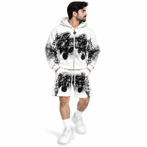 Pantalones de chándal de lujo góticos de forro polar con cremallera, personalizables con pedrería, con capucha, de algodón, con estampado abstracto, pantalones cortos premium para descansar, al por mayor - Product Image 3