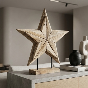 Starios Stand Handcrafted <b>Wooden</b> Star Sculpture <b>Rustic</b> Celestial Tabletop Decorative Artwork Metal Stand Home Decor Display - Product Image 2