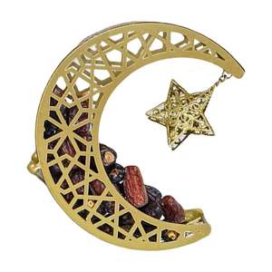 Plateau décoratif en forme de croissant de lune plaqué or avec motif géométrique étoilé, artisanat traditionnel en métal pour le Ramadan, emballage individuel - Product Image 1