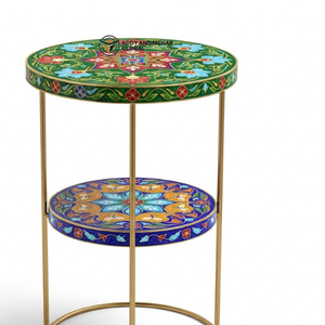 Table d'appoint ronde artisanale avec incrustations en os et structure métallique – Table d'appoint décorative à deux niveaux multicolore pour salon et chambre - Product Image 6