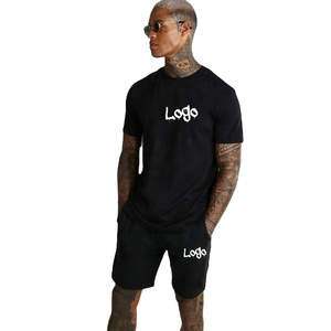 Ensemble T-shirt et short en coton noir pour homme, col rond, manches courtes, couleur unie, respirant, coupe classique, pour toutes les saisons, vêtements de loisirs - Product Image 1