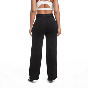 Vaqueros de mezclilla rasgados de cintura alta y pierna ancha para mujer, negros lisos, de ajuste holgado informal, de largo completo, estilo primavera - Product Image 5