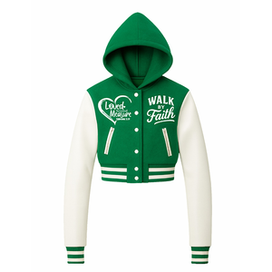 Chaqueta Varsity Corta para Mujer con Capucha, Estilo Bomber, Verde y Blanca, con la Frase "Loved Beyond Measure, Walk By Faith", para Uso Cristiano - Product Image 1