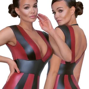 Women's Black Red PU Leather Bodycon Dress Deep V Neck Sleeveless Backless Midi Party Clubwear Contrast Color Blocking Fitted - Product Image 5