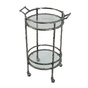 Chariot roulant rond en métal avec étagères en verre, motif végétal vintage, support utilitaire durable pour les fêtes - Product Image 1