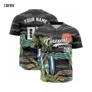 Maillot de baseball Corex imprimé intégral noir pour homme – Vêtement de sport respirant en polyester à manches courtes pour l'été, coupe classique, boutonnage frontal - Product Image 3