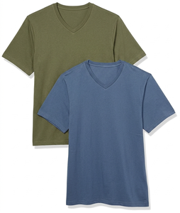เสื้อยืดคอกว้างสีเขียวมะกอก/น้ำเงิน ผ้าฝ้ายเรียบง่ายสำหรับผู้ชาย แขนสั้น สวมใส่สบาย ระบายอากาศได้ดี แฟชั่นทันสมัย - Product Image 1