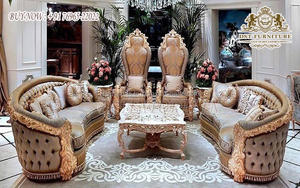 Muebles de Salón de Diseño Italiano Clásico, Juego de Sofás Tradicionales Tallados en Madera en Blanco y Dorado, Estilo Romano - Product Image 6