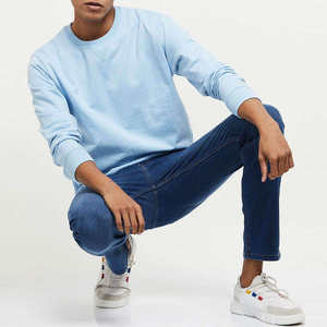 Sweat-shirt à col rond bleu clair pour homme, coupe classique, en coton tricoté, pull décontracté, saison automne, couleur unie, manches longues - Product Image 6