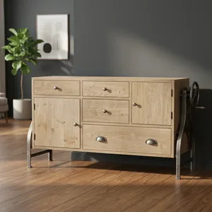 Aparador Industrial de Madera con Patas Metálicas, 4 Cajones, 2 Puertas, Roble Claro, Mueble de Almacenamiento para Sala de Estar - Product Image 2