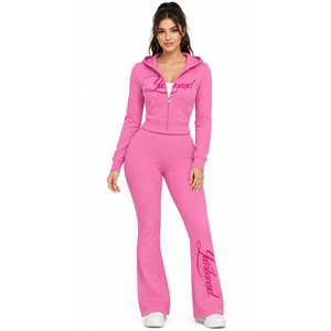 Yourbrand Women's <b>Pink</b> Hooded <b>Tracksuit</b> Full Length Zipper Split Hem Casual Wear With Letter Printing Body Art Design - Product Image 2