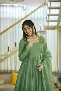 Designer Salsa Silk Ankle-Length Gown Set with Foil Work Quick-Dry Stretchable Full Flare <b>Elastic</b> Waist Pant <b>Lace</b> Border Dupatta - Product Image 2