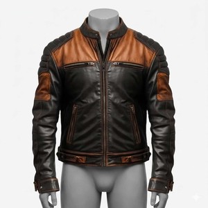 Blouson en cuir vintage pour homme, coupe ajustée, col montant, fermeture éclair, style moto, pour l'automne - Product Image 3