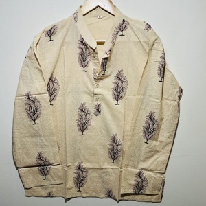 Kurta Corta de Manga Larga Beige 100% Algodón para Hombre, Máxima Comodidad |   Estampado Floral Hecho a Mano con Bloques, Estilo Artesanal Clásico - Product Image 1