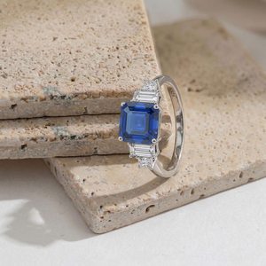 Blue Sapphire Engagement <b>Ring</b> 925 Sterling <b>Silver</b> Square Sapphire <b>Ring</b> Art Deco Style September Birthstone Gift - Product Image 3