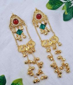 Pendientes Colgantes de Cristal con Imitación de Perlas, Corte Brillante, Chapados en Oro, Aleación de Zinc, Diseño Étnico Geométrico de Pavo Real - Product Image 1