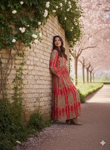 <b>A</b> <b>LINE</b> Cotton Floor Length <b>Dress</b> V Neck Three Quarter Puff Sleeves Animal <b>Pattern</b> Women Daily Wear Embroidery Pocket - Product Image 2
