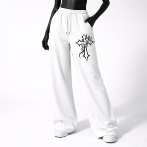 Pantalones Deportivos Blancos de Algodón para Hombre, Cintura Elástica con Cordón, Pantalones de Punto de Peso Medio Casuales con Logotipo de Cruz Negra en la Pierna Derecha - Product Image 2