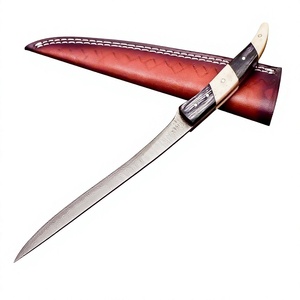 Cuchillo de Filetear Premium Hecho a Mano con Hoja de Acero de Damasco, Borde Dentado, Punta Caída, Mango de Madera, 12 Pulgadas de Longitud Total, Industrial - Product Image 1