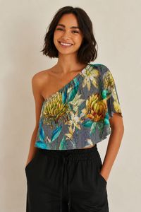 Yellow Stripe Floral Print One Shoulder Short Cotton Silk Sexy & Club <b>Top</b> - Product Image 1