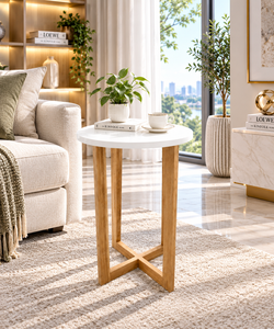 Wholesale Minimalist Modern Round Side <b>Table</b> <b>White</b> MDF Top Wooden Legs Eco-Friendly Small End <b>Coffee</b> <b>Table</b> for Living Room Sofa - Product Image 4