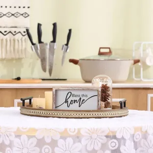 Round Wooden Serving Tray With Metal Handles 16 Inch Handmade Retro Design Solid Color <b>Decorative</b> <b>Plate</b> - Product Image 2