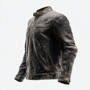 AGED BLACK LEATHER, ROUND COLLAR WITH SNAP, CENTER ZIP AND ANTIQUE <b>SILVER</b> HARDWARE MOTORBIKE <b>JACKET</b> - Product Image 3