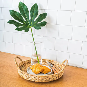 Handwoven Round Straw Basket <b>Tray</b> with Handles for Fruit Bread <b>Kitchen</b> Storage - Product Image 3
