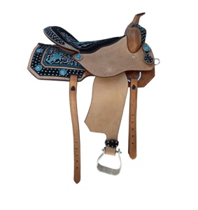 Leichtes blaues Kristall kreuz Design Western Leder Holz Sattel Weiches Wildleder Sitz Bequemer Lauf Racing Pleasure Trail Pferde größe - Product Image 1