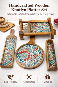 ชุดถาดไม้ทำมือแบบคัตติยะ สไตล์เรสติก ถาดเสิร์ฟชาร์ปาย งานฝีมืออินเดีย ถาดเสิร์ฟอาหาร ของตกแต่งบ้าน ชุดถาดของขวัญ - Product Image 6