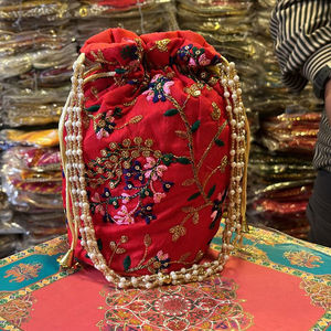 Premium Embroidered Indian Potli Bag with Pearl Handle Bridal <b>Wedding</b> Potli Ethnic Drawstring Gift Bag Festive Party <b>Clutch</b> Bags - Product Image 1