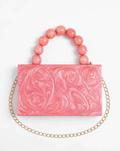 Bolso de mano de resina rosa marmoleada para mujer con asa de cuentas redondas y correa de cadena - Product Image 4