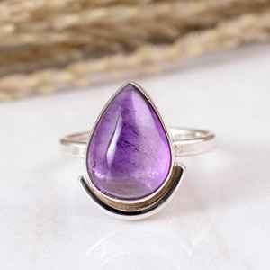 Dainty 925 Sterling Silver Purple Amethyst Pear Bezel Set Open <b>Ring</b> <b>Adjustable</b> Boho Hippie Wedding Party Handmade Artisan Unisex - Product Image 1
